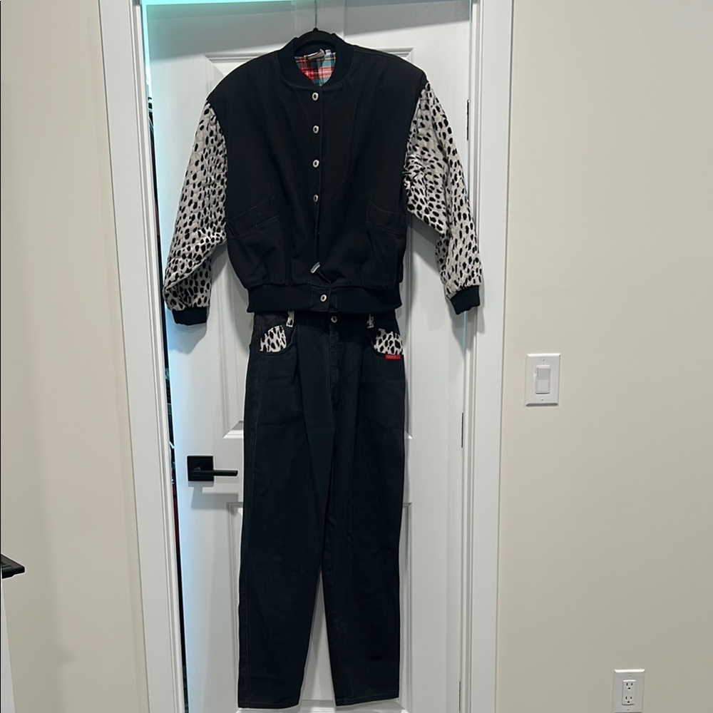 Black and Leopard Print Women's Jacket and Pants Set